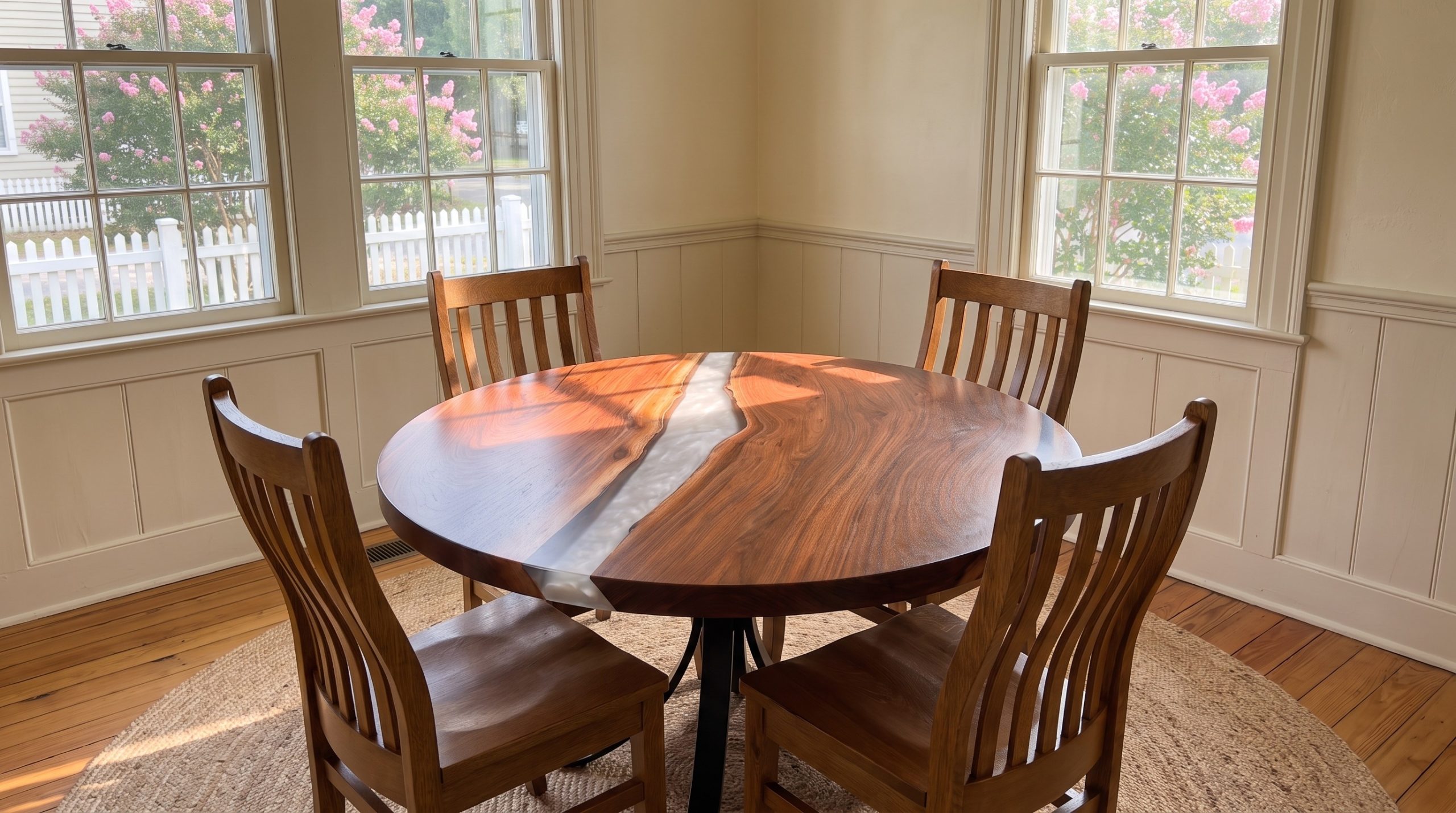 A round walnut dining table with a frosted silver resin river and four quartersawn oak slat-back chairs in an Old Village Mount Pleasant dining room with crepe myrtles outside.