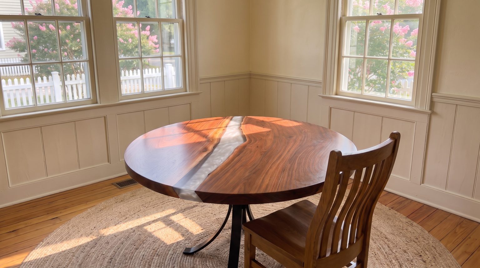 Table and chair: The round top and its diagonal river with one oak chair.