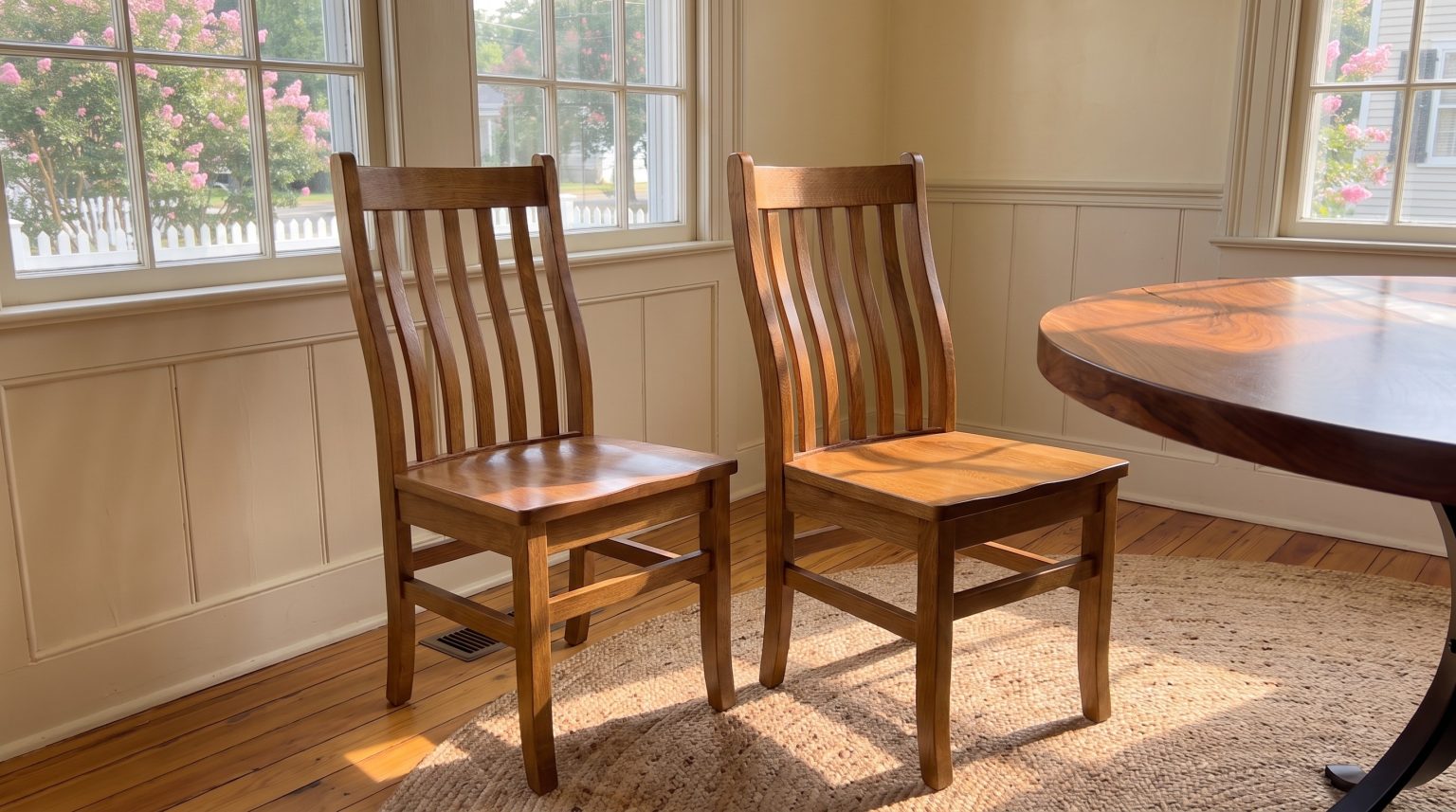 The slat-back chairs: Quartersawn oak with curved back slats and plank seats.