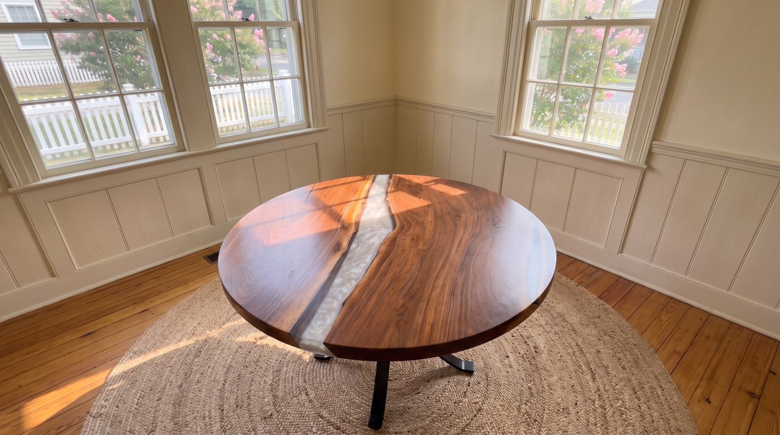 The round top: The full circle of walnut with the silver river across it.