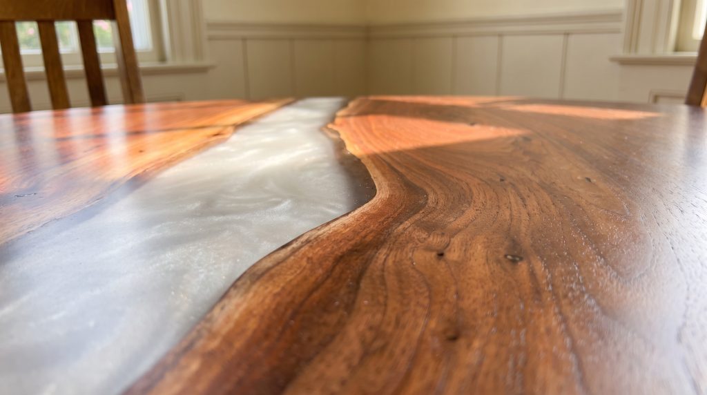 The silver river: Frosted pearl resin meeting the reddish walnut edge.