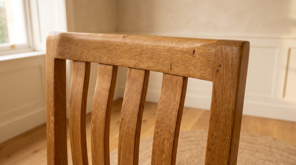 Quartersawn slats: Curved oak slats under the top rail, ray fleck in the grain.