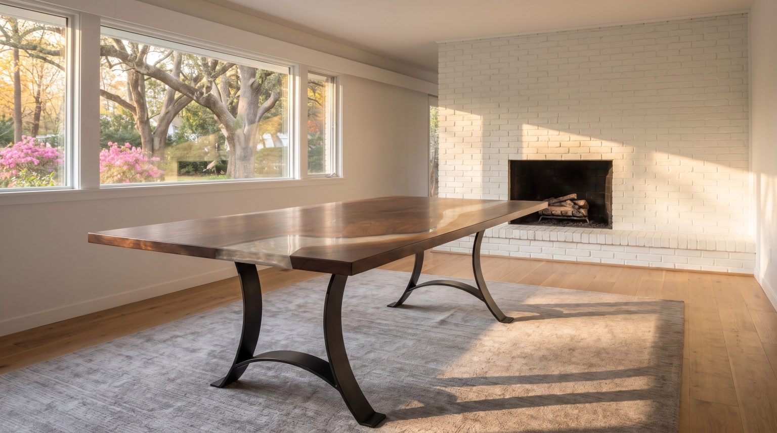 The arched base: Wide black steel legs that flare where they meet the floor.
