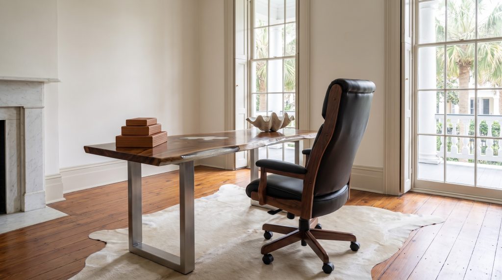 A live-edge slab desk on brushed steel legs with a black leather executive chair on a walnut frame in a downtown Charleston study with a marble fireplace.