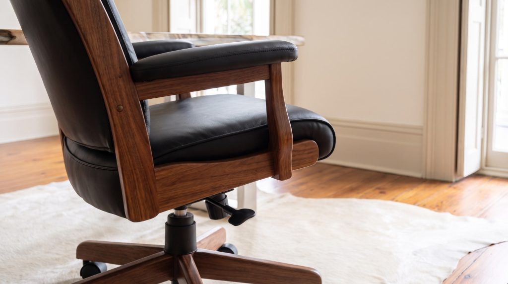 Leather on walnut: A padded leather arm resting on the walnut frame.
