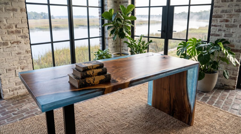 A walnut desk edged in powder-blue resin with a waterfall end and a single black steel leg in a brick carriage house sunroom looking out to a misty tidal creek.