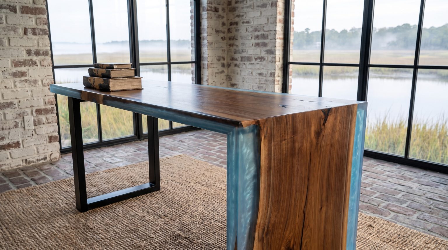 The waterfall desk: The long side, waterfall end at one side and steel leg at the other.
