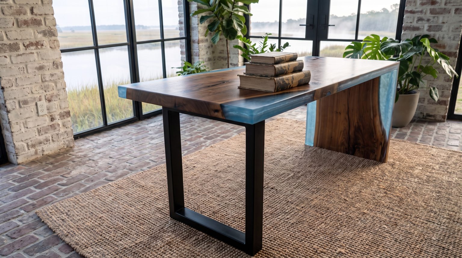 The steel leg: A single black steel U-frame under the blue-edged top.