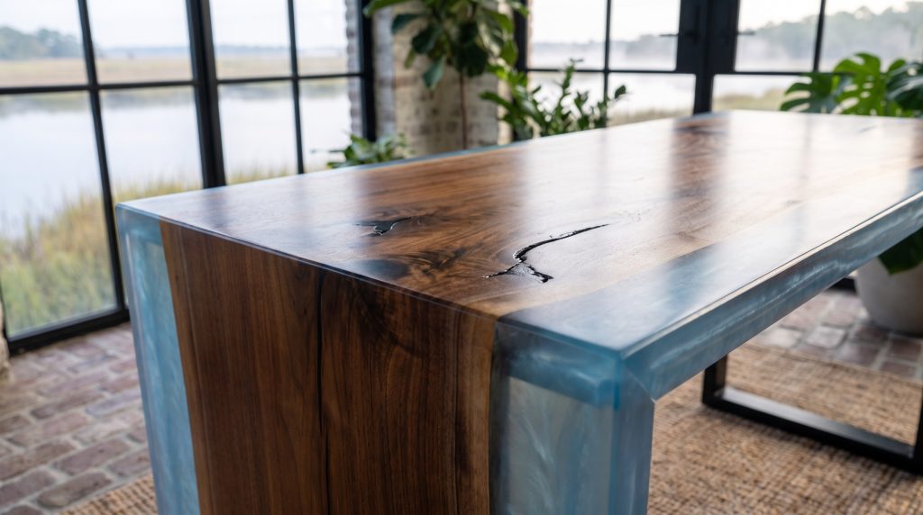 The resin edge: Powder-blue resin along the walnut, with a natural crack.
