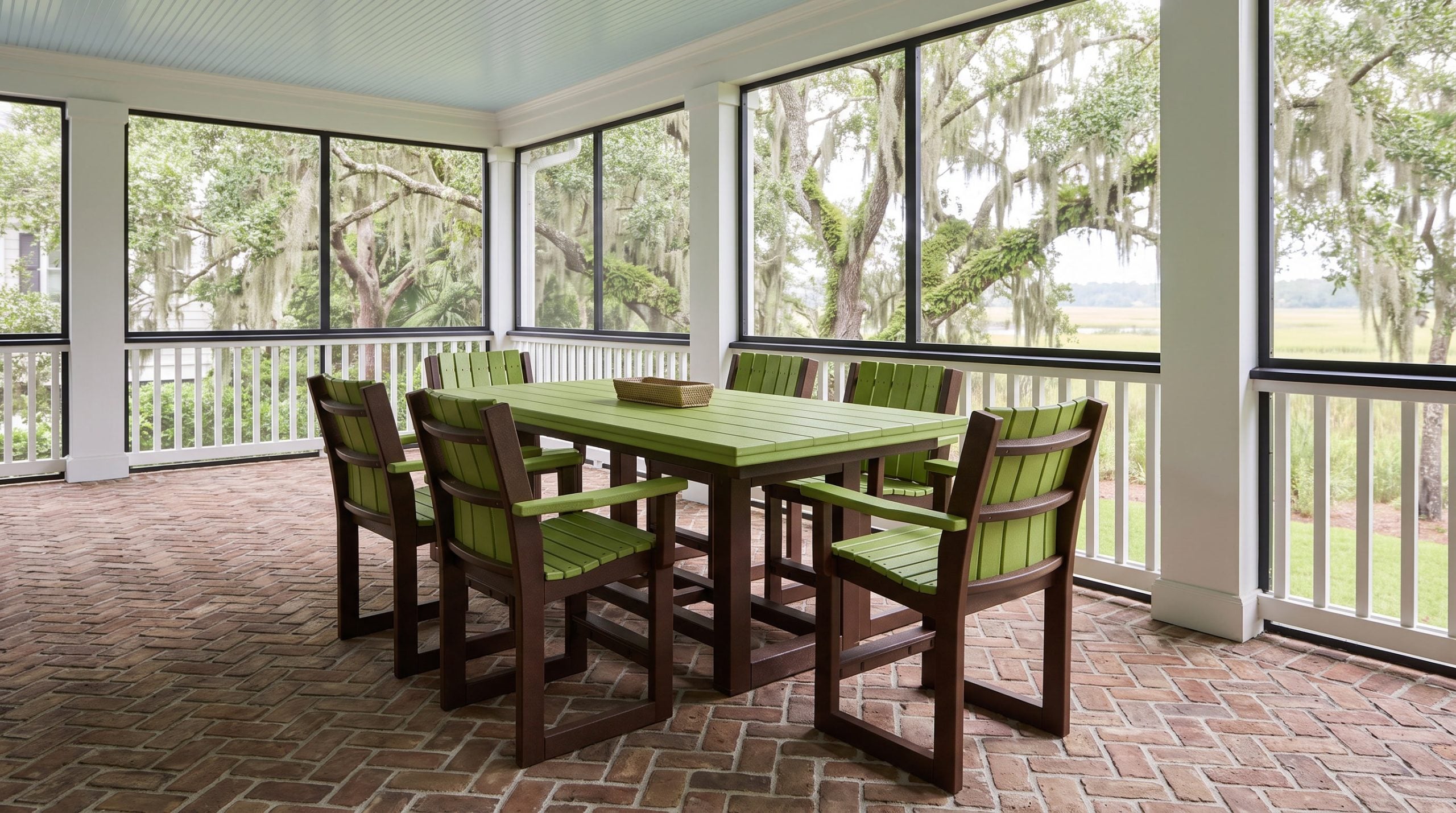 A poly lumber dining set with a lime green slatted top and six lime and dark brown sled-side armchairs on a Kiawah screened porch with a haint-blue ceiling.