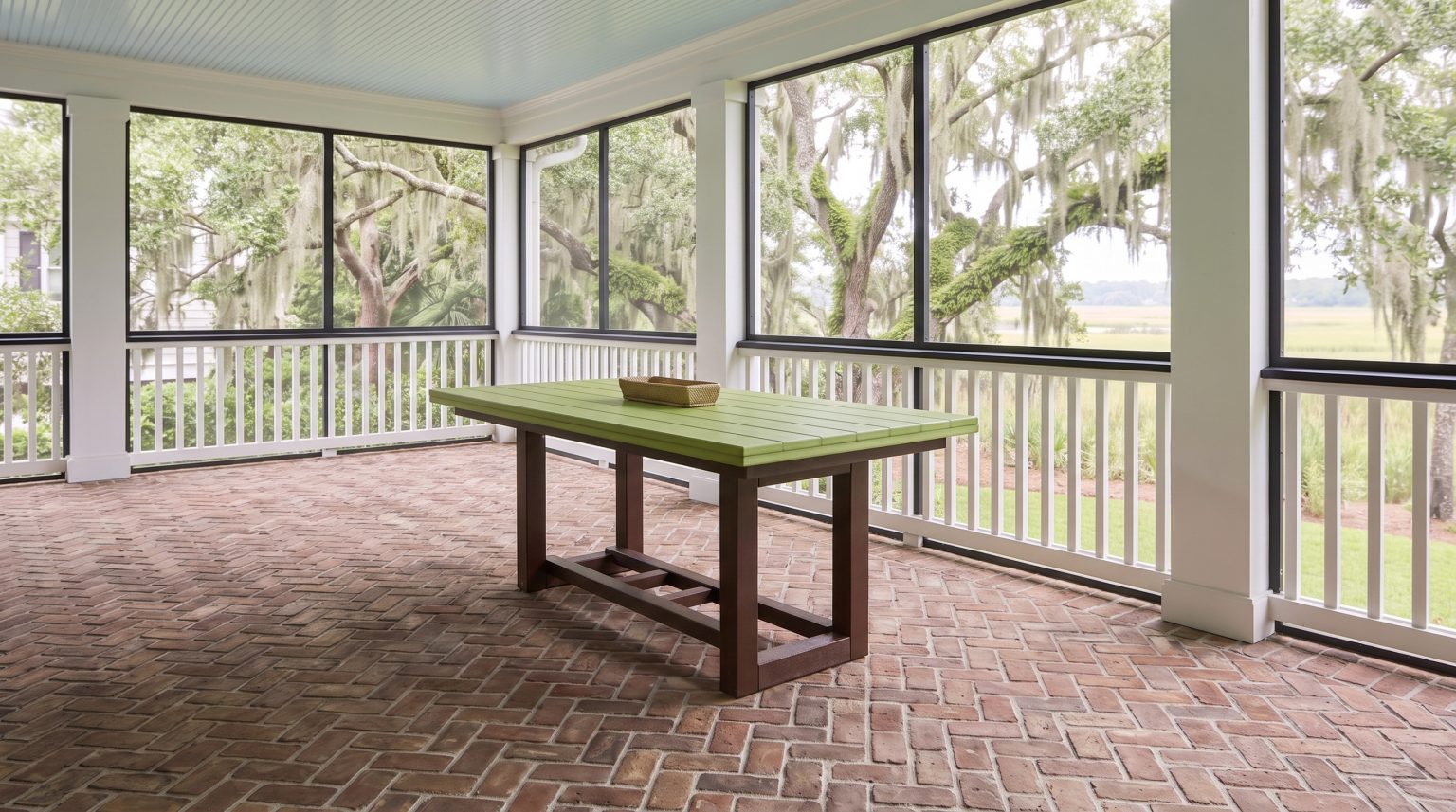 The slatted top: Lime slats over the dark brown apron and posts.