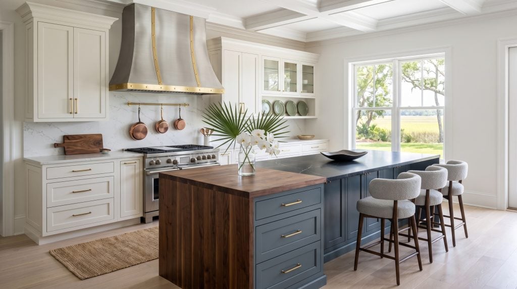 A slate blue island with a black stone top and a solid walnut waterfall end, under a brass-strapped stainless hood, in a Daniel Island kitchen.