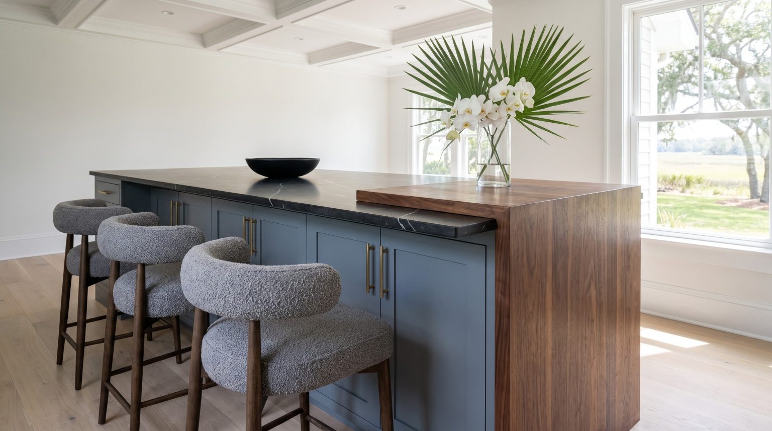 Island and stools: Three boucle stools along the black stone side.