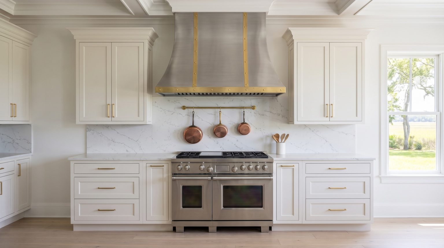 Range and hood: The bell hood with brass straps and riveted bands.