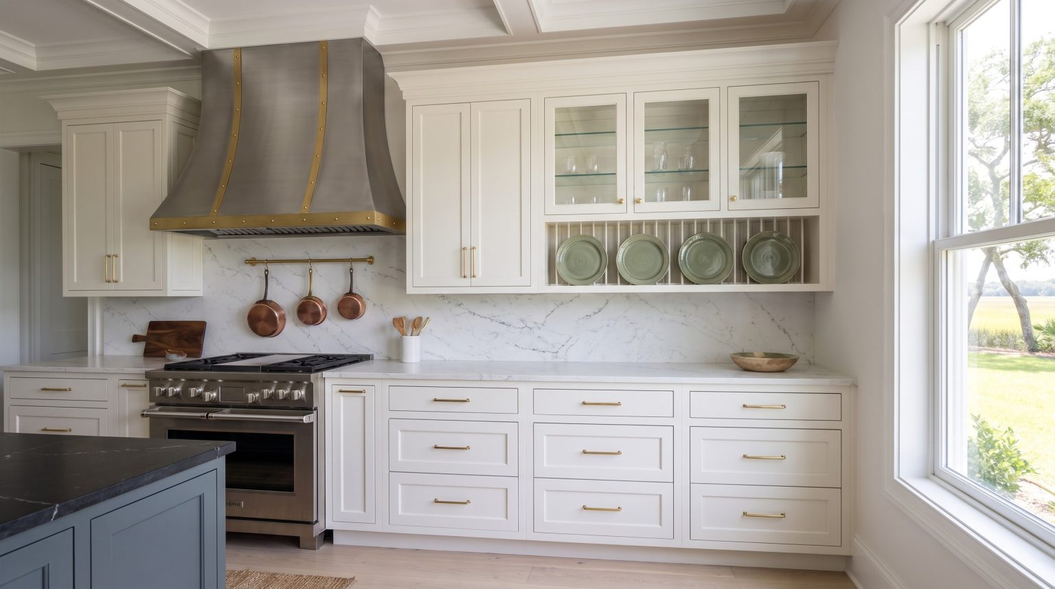 Glass-front uppers: Glass doors and a plate rack over a run of drawers.