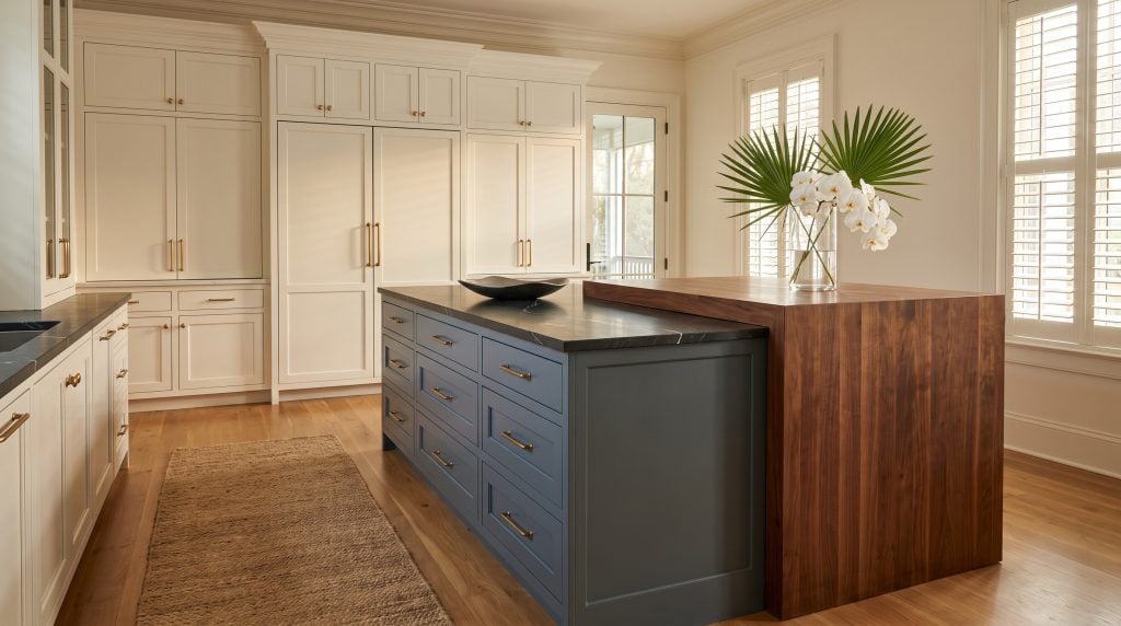A slate blue island with two banks of drawers and a solid walnut waterfall end, facing a floor-to-ceiling painted pantry wall, in an I'On kitchen.