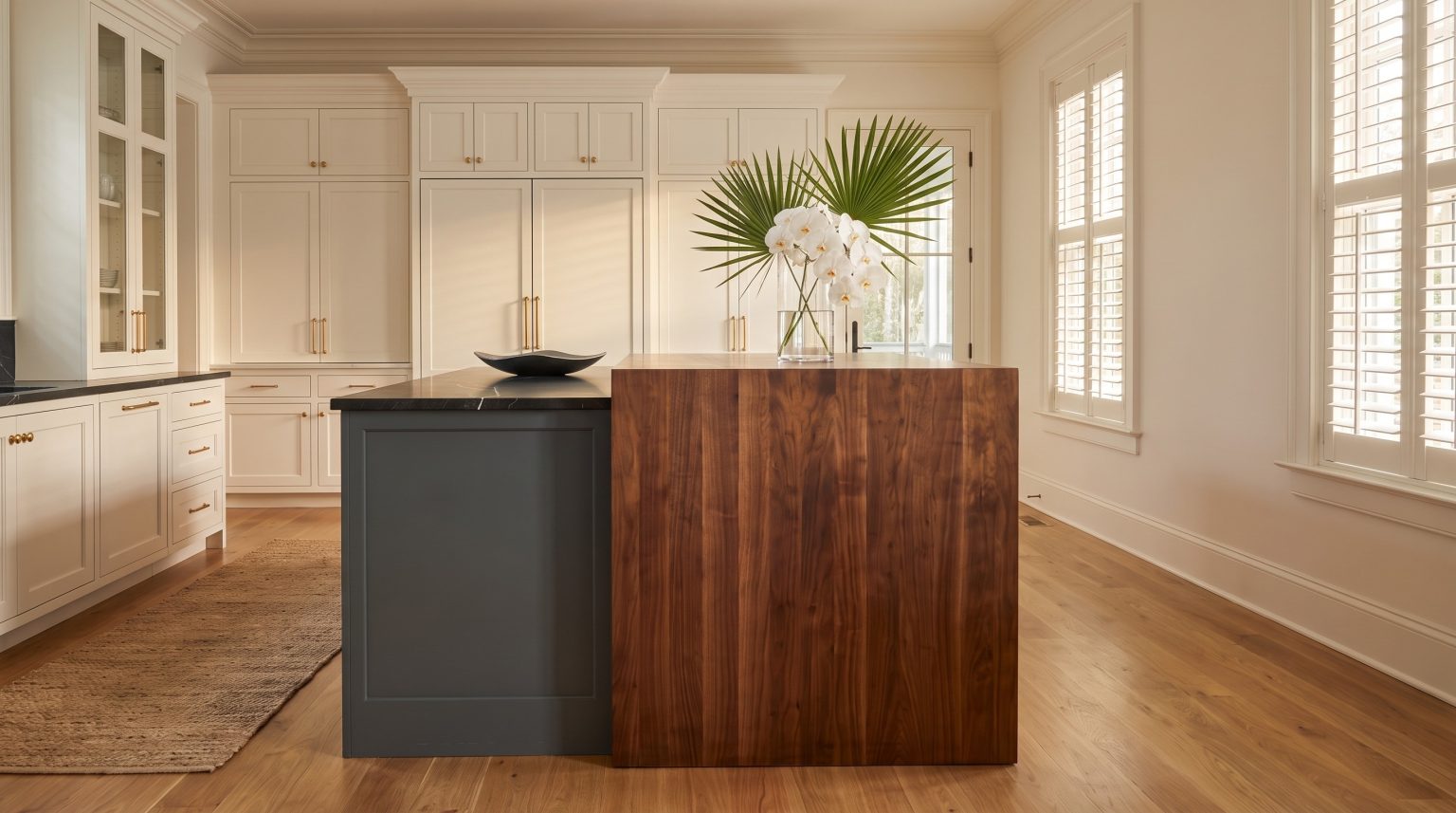 The walnut end: A solid walnut block running from top to floor.