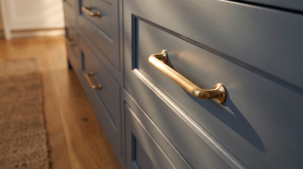 Brass on slate: A brass bar pull on an inset slate blue drawer.