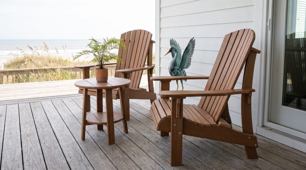 A pair of poly lumber Adirondack chairs with seven-slat fan backs and a round two-tier side table, on an Isle of Palms dune deck.