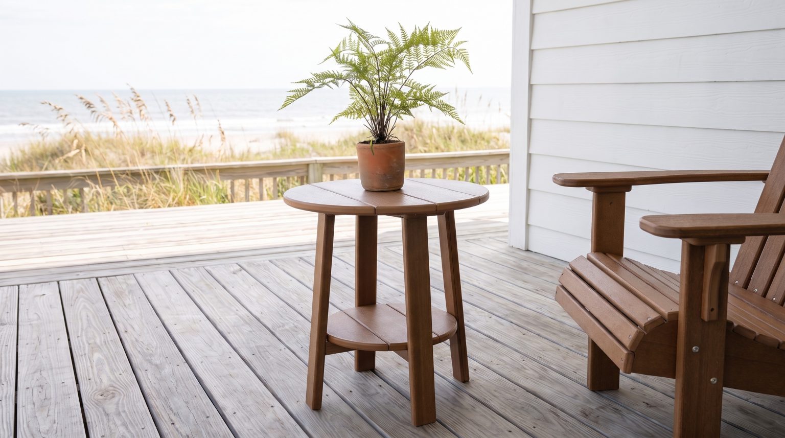 The side table: A round slatted top over a lower shelf.