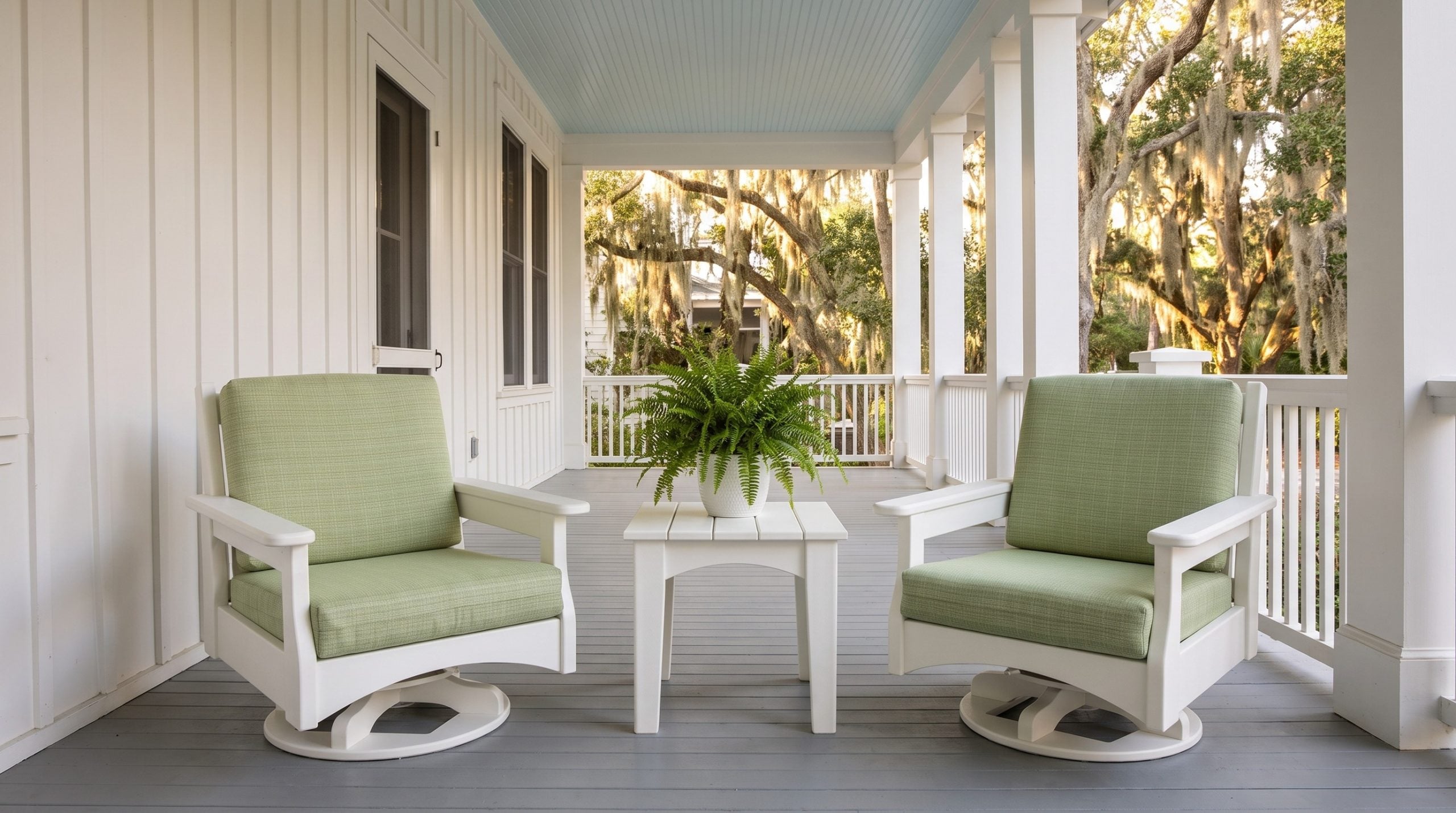 Two white poly lumber club chairs on swivel glider bases with celery green cushions, and a square side table, on a Sullivan's Island porch.