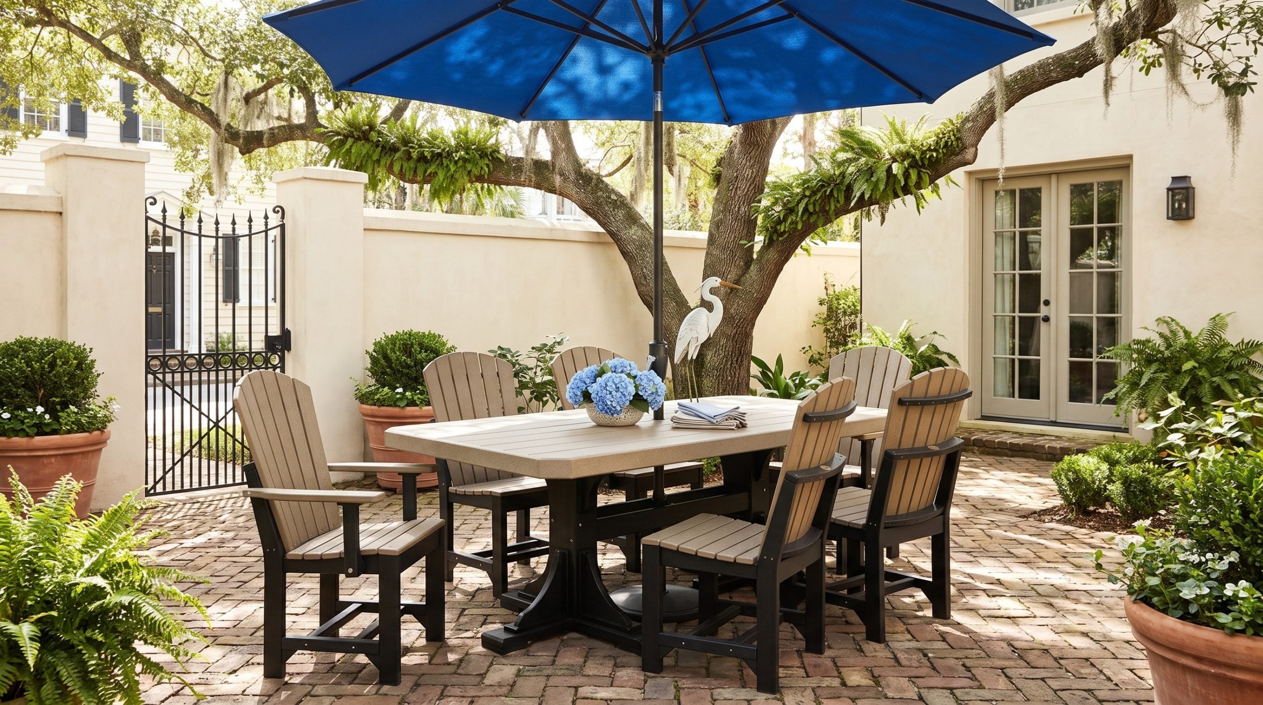 A two-tone poly lumber dining table with a tan slatted top on a black pedestal base, six matching armchairs and a cobalt market umbrella, in an Ansonborough courtyard.