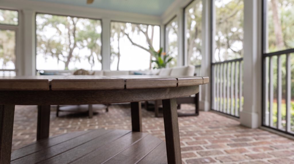 Table slats: The round slatted top above its lower shelf.