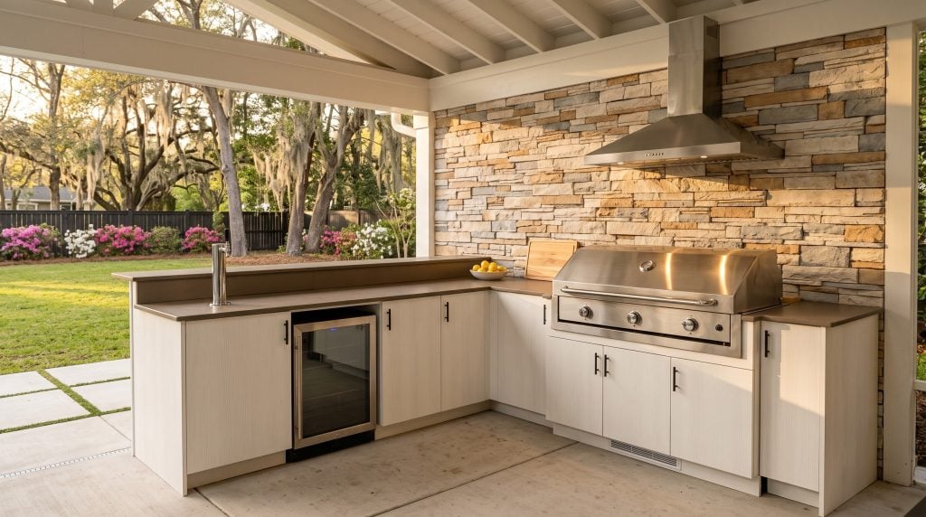 An L-shaped outdoor kitchen in white weather-rated cabinetry with a taupe counter, a raised bar, a built-in grill and a stainless hood on ledgestone, on a West Ashley patio.