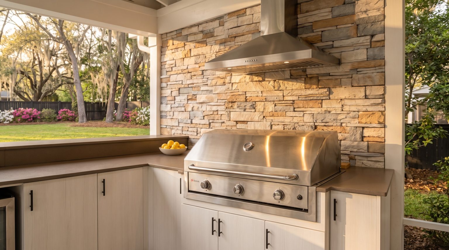 Grill and hood: The built-in grill under a stainless hood on stone.