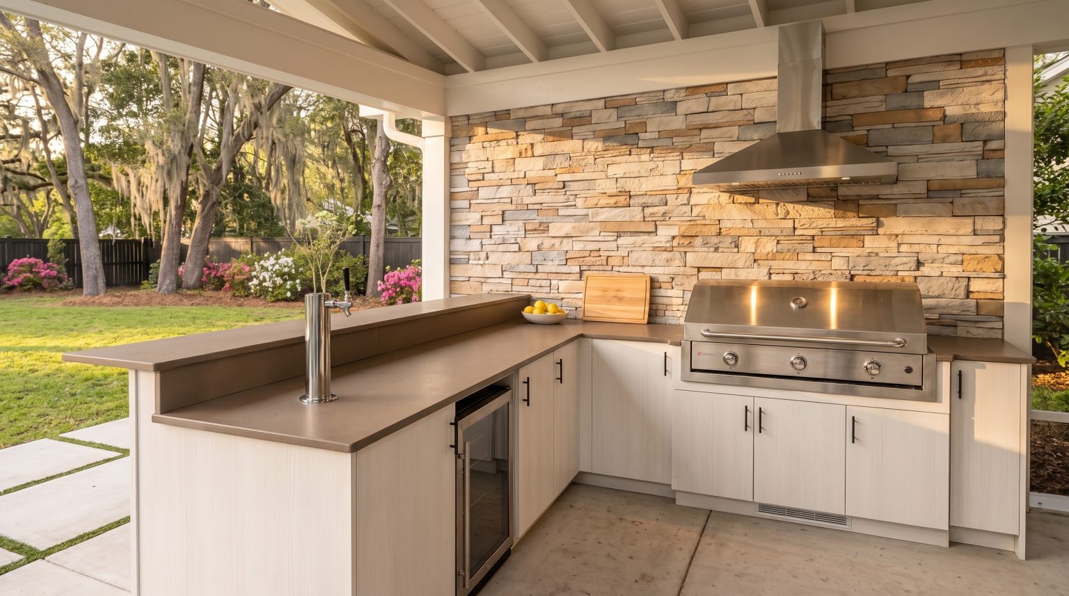 The bar return: A raised ledge over a glass-door beverage fridge.