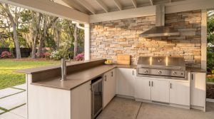 The bar return: A raised ledge over a glass-door beverage fridge.