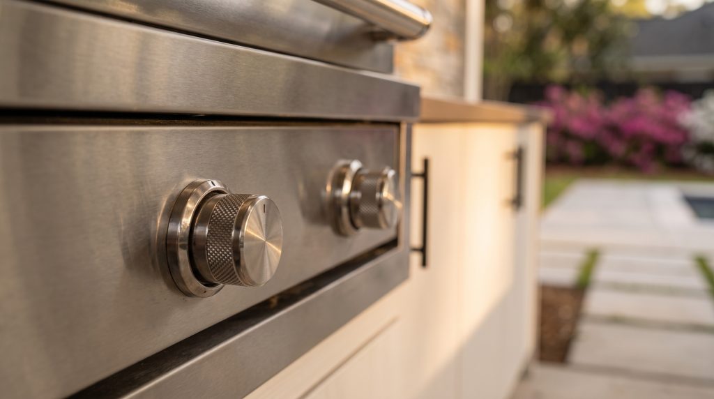 Grill controls: Brushed steel knobs on the grill front.
