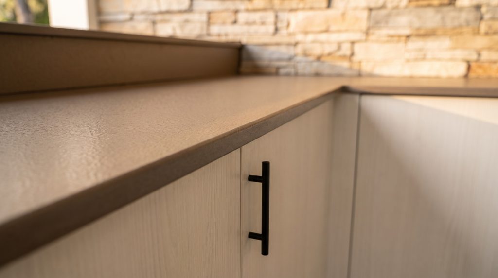 Counter and pull: The taupe counter edge over a black pull.