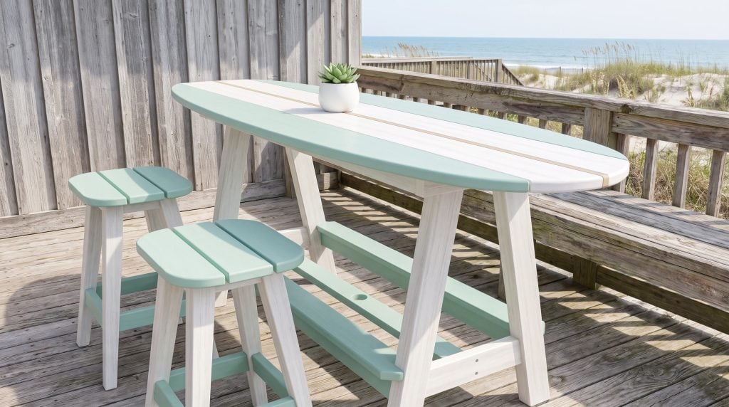 A bar-height poly lumber table with a surfboard-shaped top in whitewash and seafoam, with two backless seafoam stools, on a Folly Beach deck.