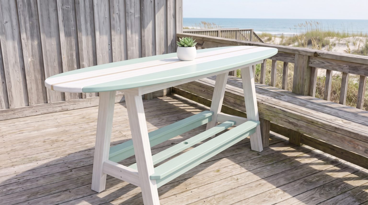 The surfboard table: The full length of the surfboard-shaped top.