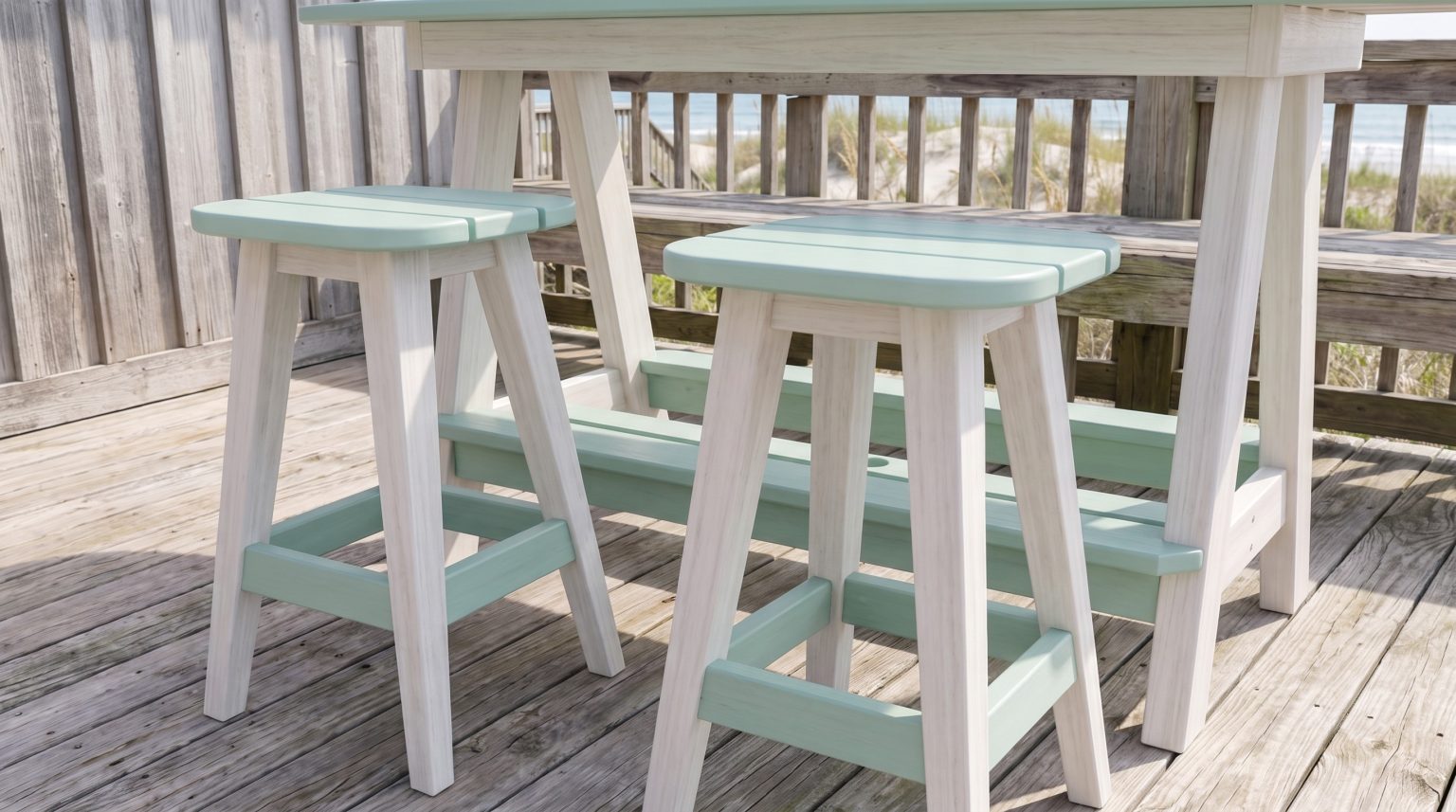 The bar stools: Two backless stools with seafoam slat seats.