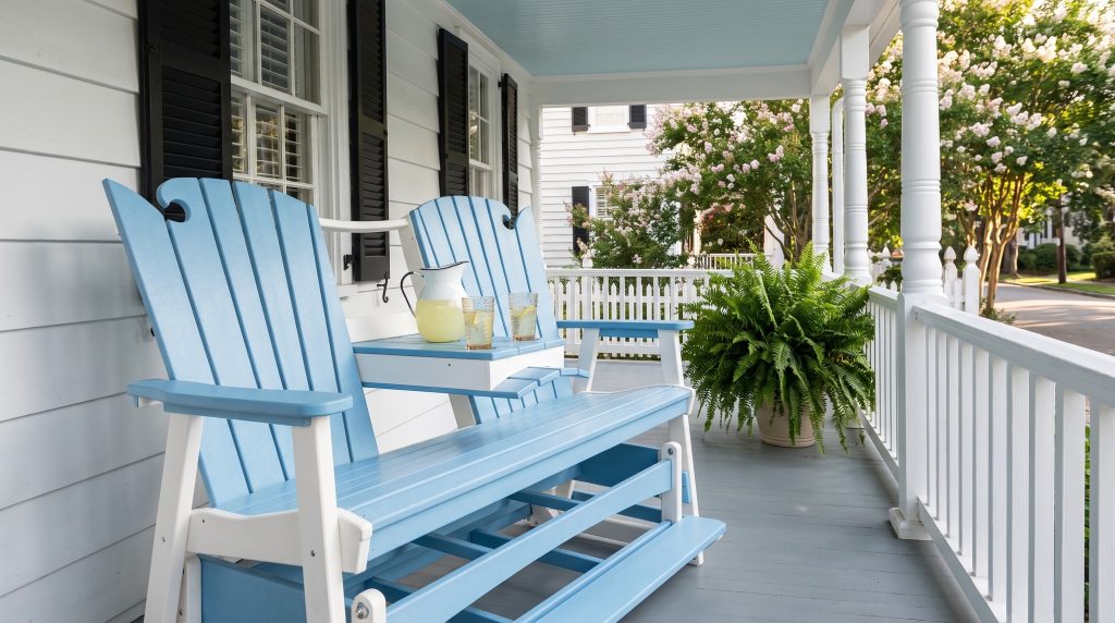 A two-seat poly lumber glider in sky blue on a white frame, with fan backs and a center cup-holder console, on an Old Village Mount Pleasant porch.