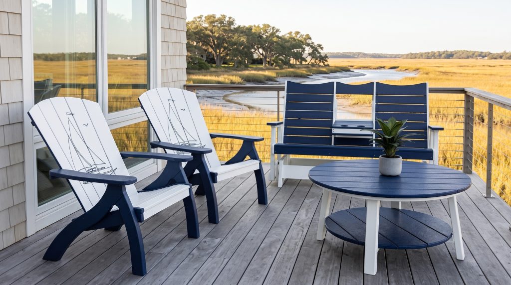Two navy and white poly lumber chairs with sailboat line drawings on their backs, a round navy table and a navy double glider, on a Kiawah marsh deck.