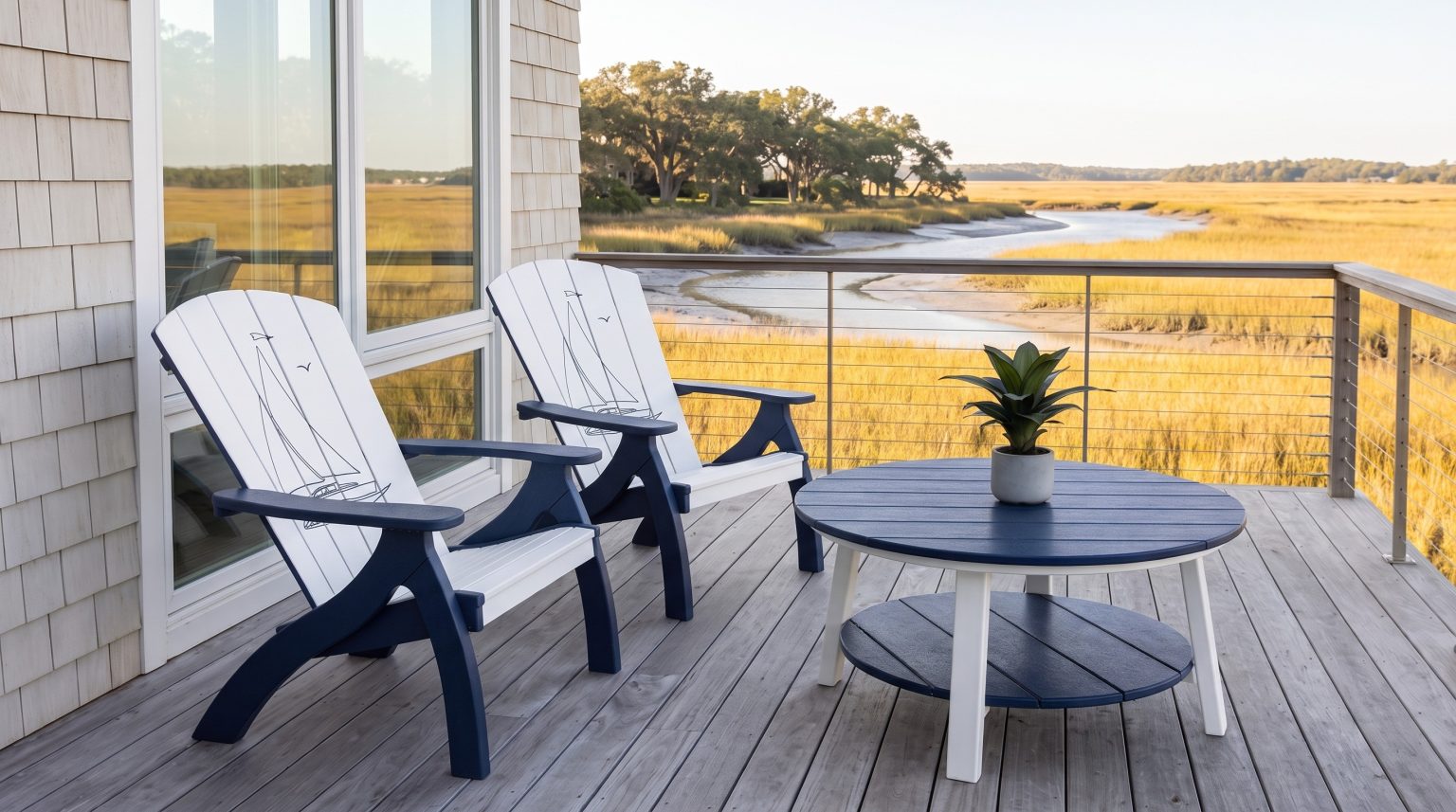Chairs and table: Two sailboat chairs angled to the round table.