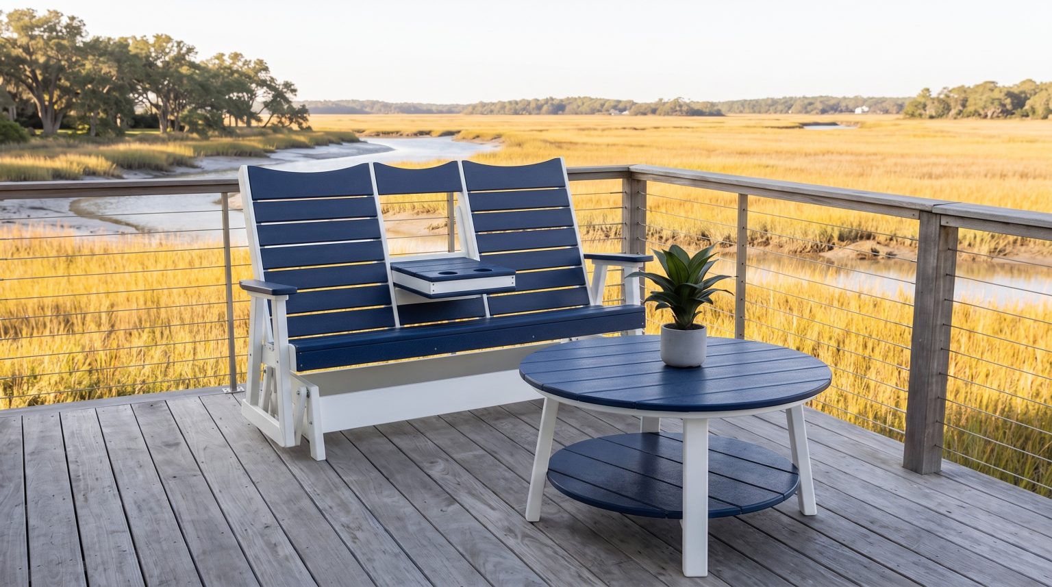 The glider: A navy double glider with a center console.