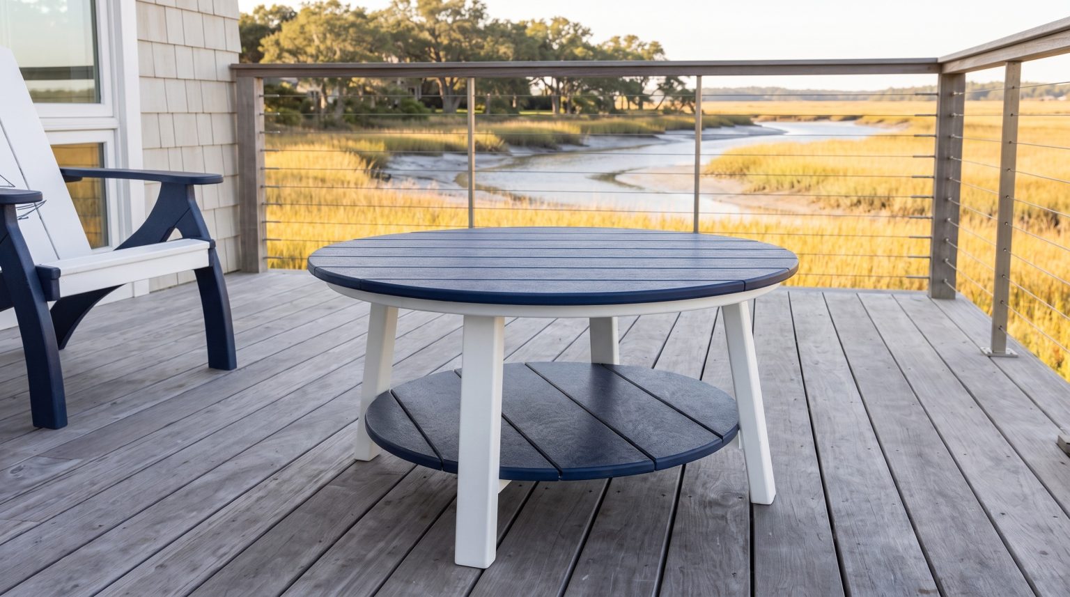 The round table: A navy slatted top on white legs with a shelf.
