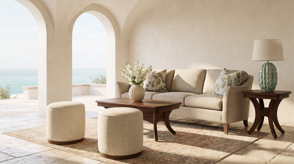 A living room under plaster arches with a curved sand sofa, two cream boucle ottomans and brown maple tables, with the sea beyond