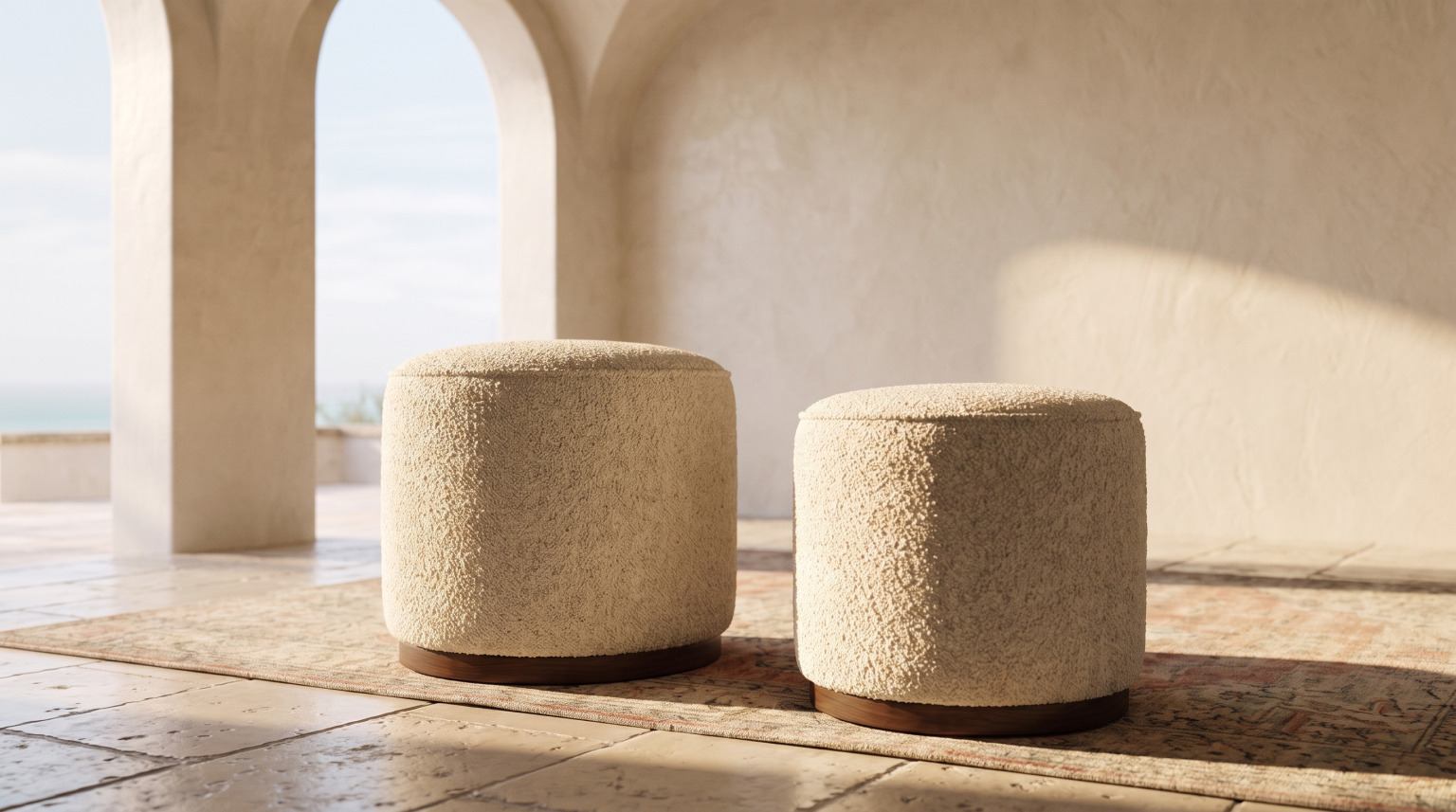 Two round cream boucle ottomans on low wood plinths, on a faded antique rug under a plaster arch