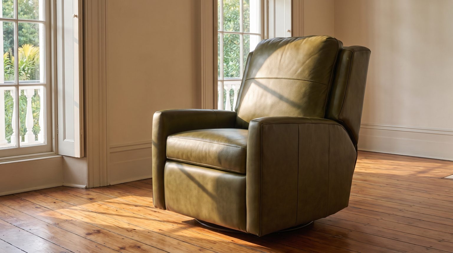 An olive-green leather recliner with a pillowed back and wide padded arms on a swivel base beside a shuttered window