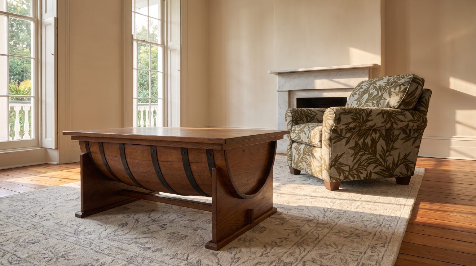 A half-barrel coffee table in quarter-sawn white oak with iron hoop bands, with a leaf-print accent chair behind it