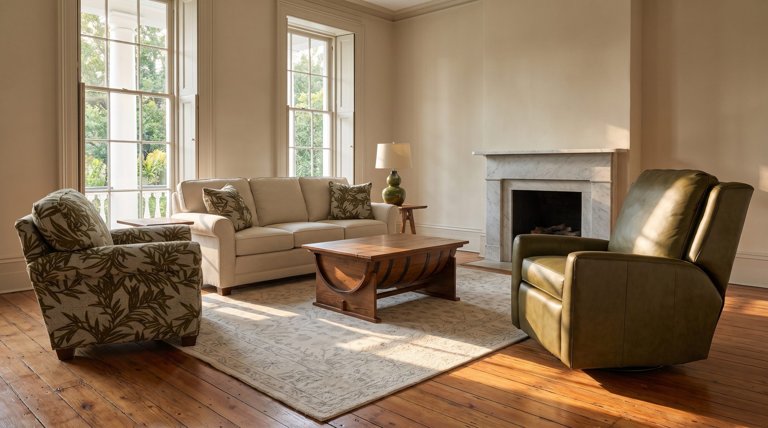 A cream three-cushion sofa and an olive-green leather recliner either side of a staved oak barrel coffee table, in a Charleston drawing room with heart pine floors and a marble chimneypiece