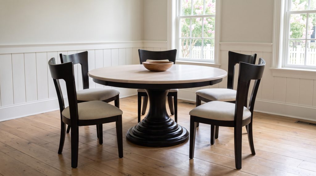 A bleached maple round table on a near-black turned pedestal with six black side chairs, in a paneled dining room with sash windows