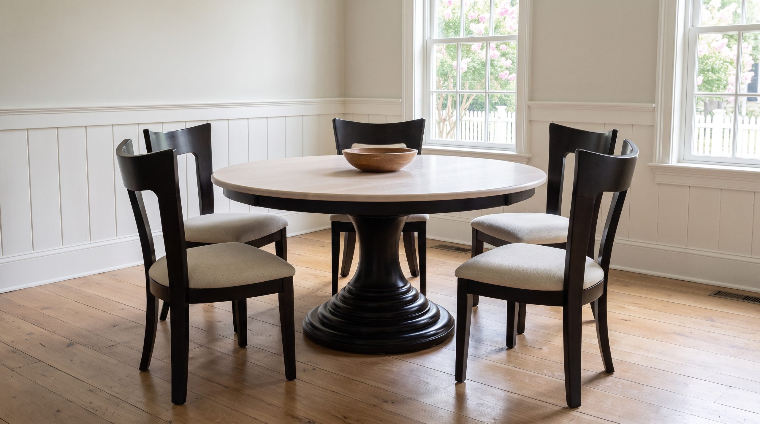 A bleached maple round table on a near-black turned pedestal with six black side chairs, in a paneled dining room with sash windows