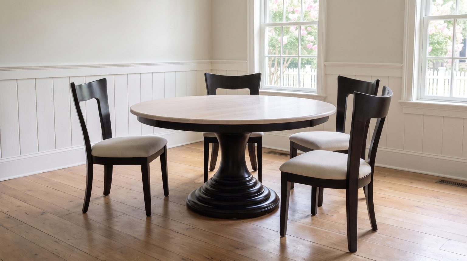 Black side chairs with oatmeal seats drawn up to a pale bleached round table on a black pedestal