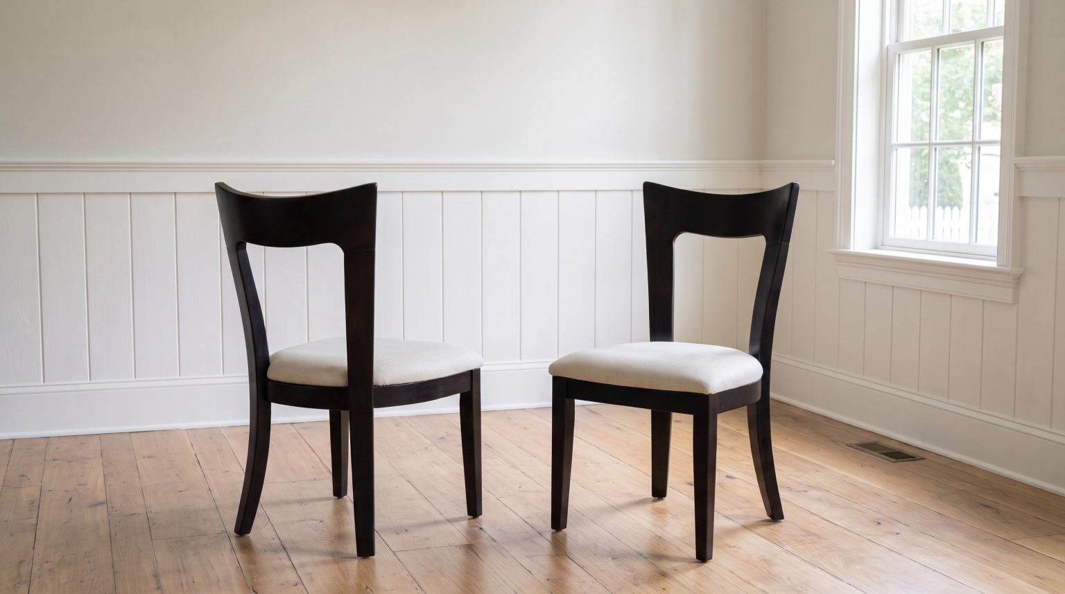 Two black side chairs set apart on an oak floor, one showing its back and one its front, against painted paneling